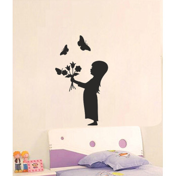Sticker mural petite fille et bouquet de papillons